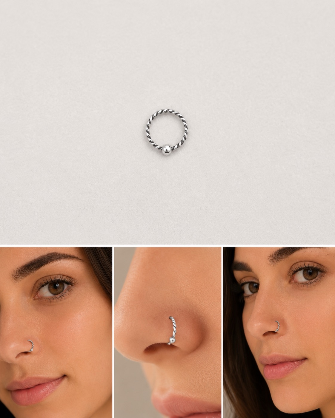 Piercing de Nariz Trenzado con Bolita Lisa de 8 mm en Plata 925
