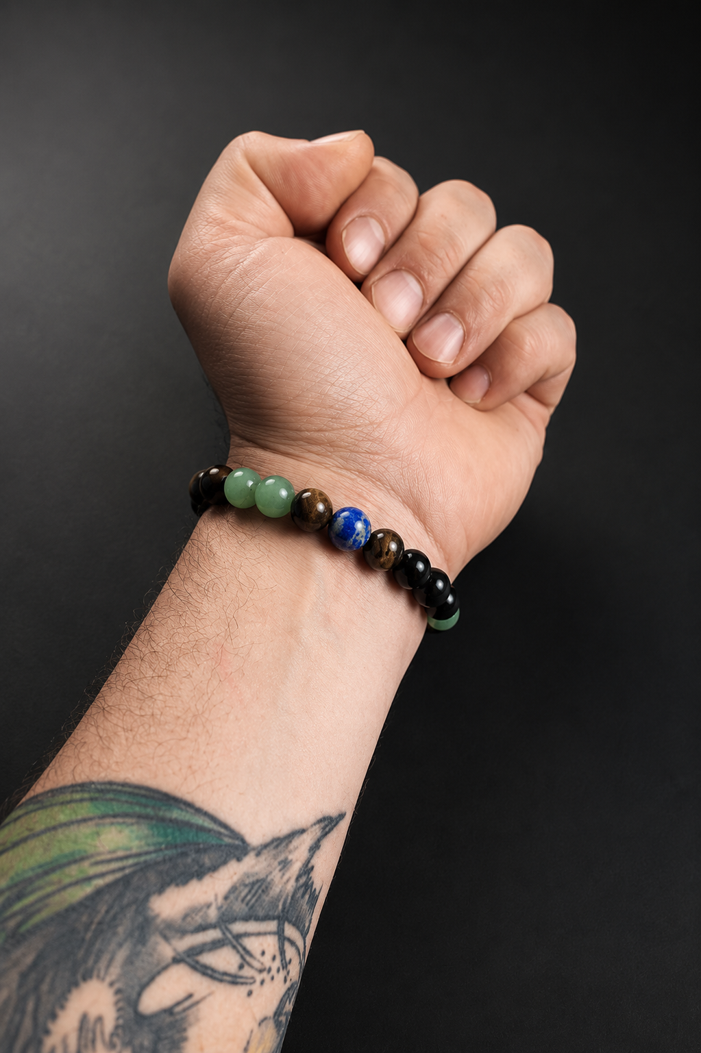 Pulsera Hombre Jade, Lapislázuli, Ojo de Tigre y Obsidiana 10 mm | Piedras Naturales Tipo A Hecha a Mano