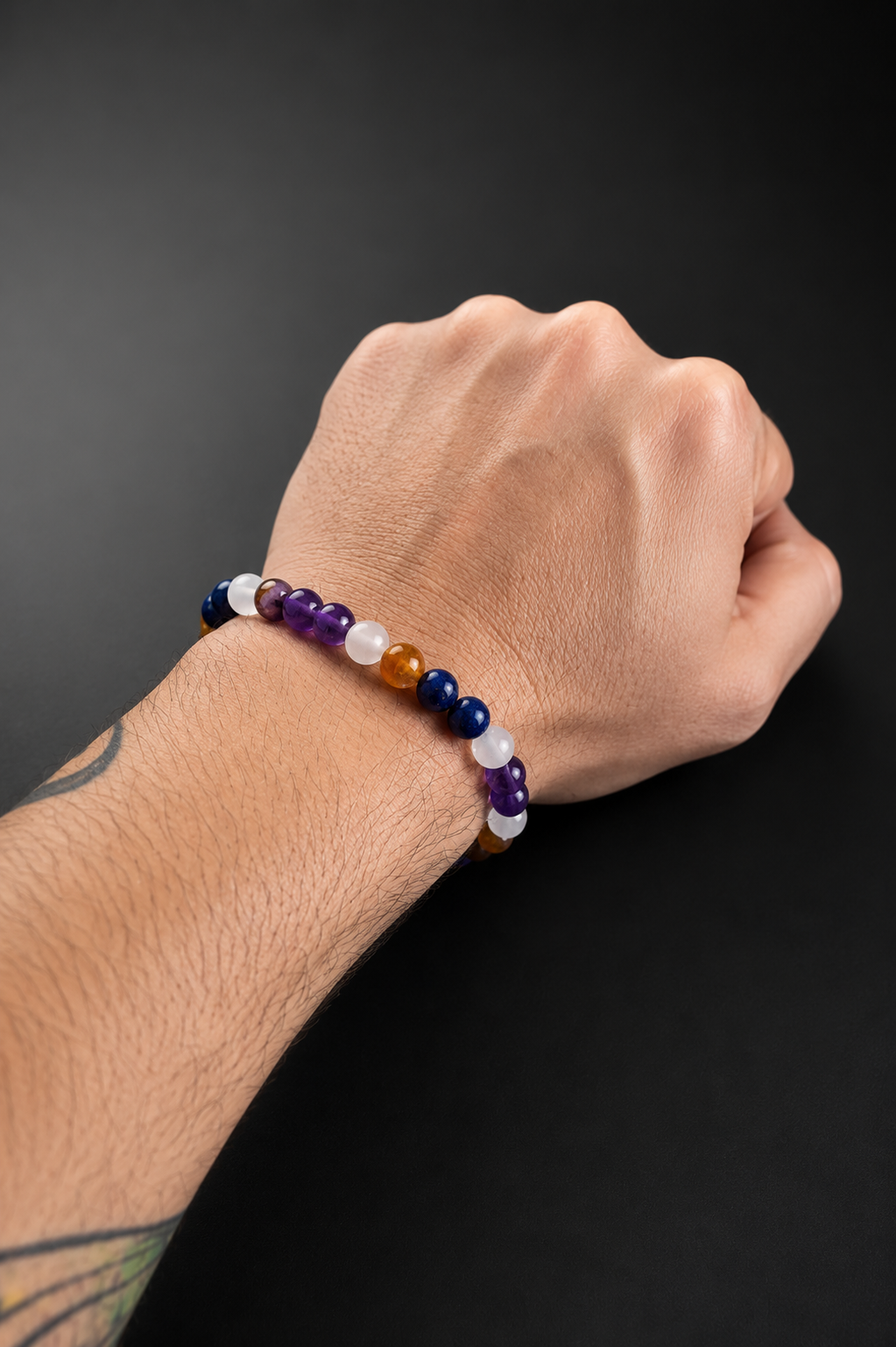 Pulsera Hombre Lapislázuli, Selenita, Ágata Naranja Facetada y Amatista 8 mm | Piedras Naturales Tipo A Hecha a Mano