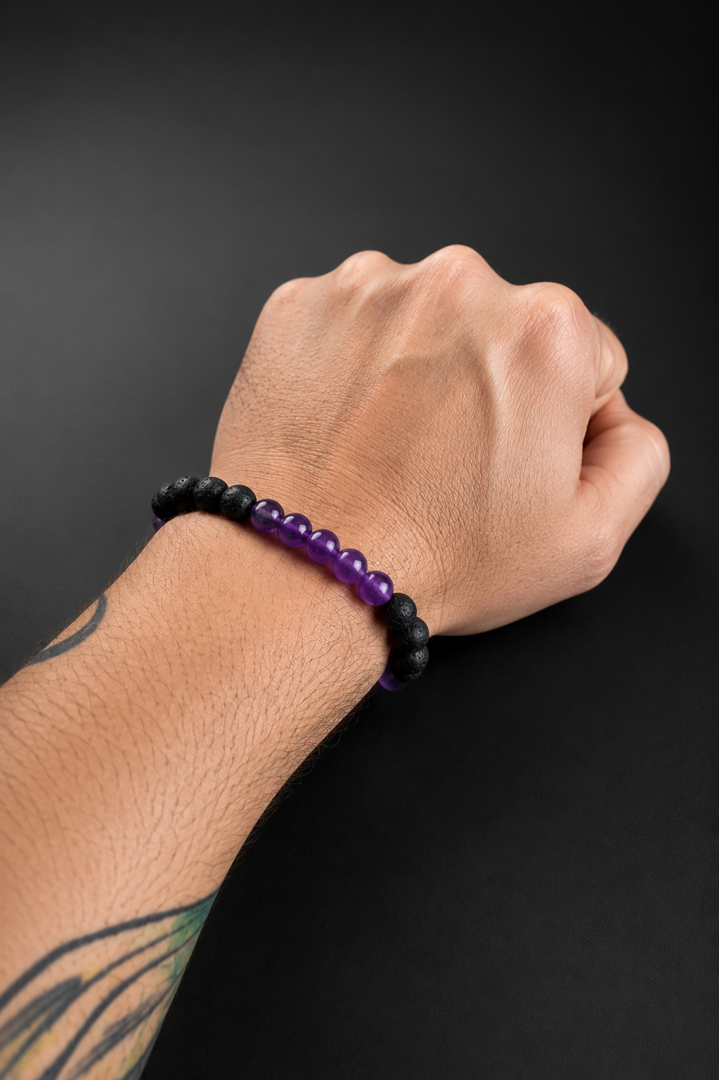 Pulsera Hombre Amatista y Piedra Volcánica 8 mm | Piedras Naturales Tipo A | Hilo Elasticado